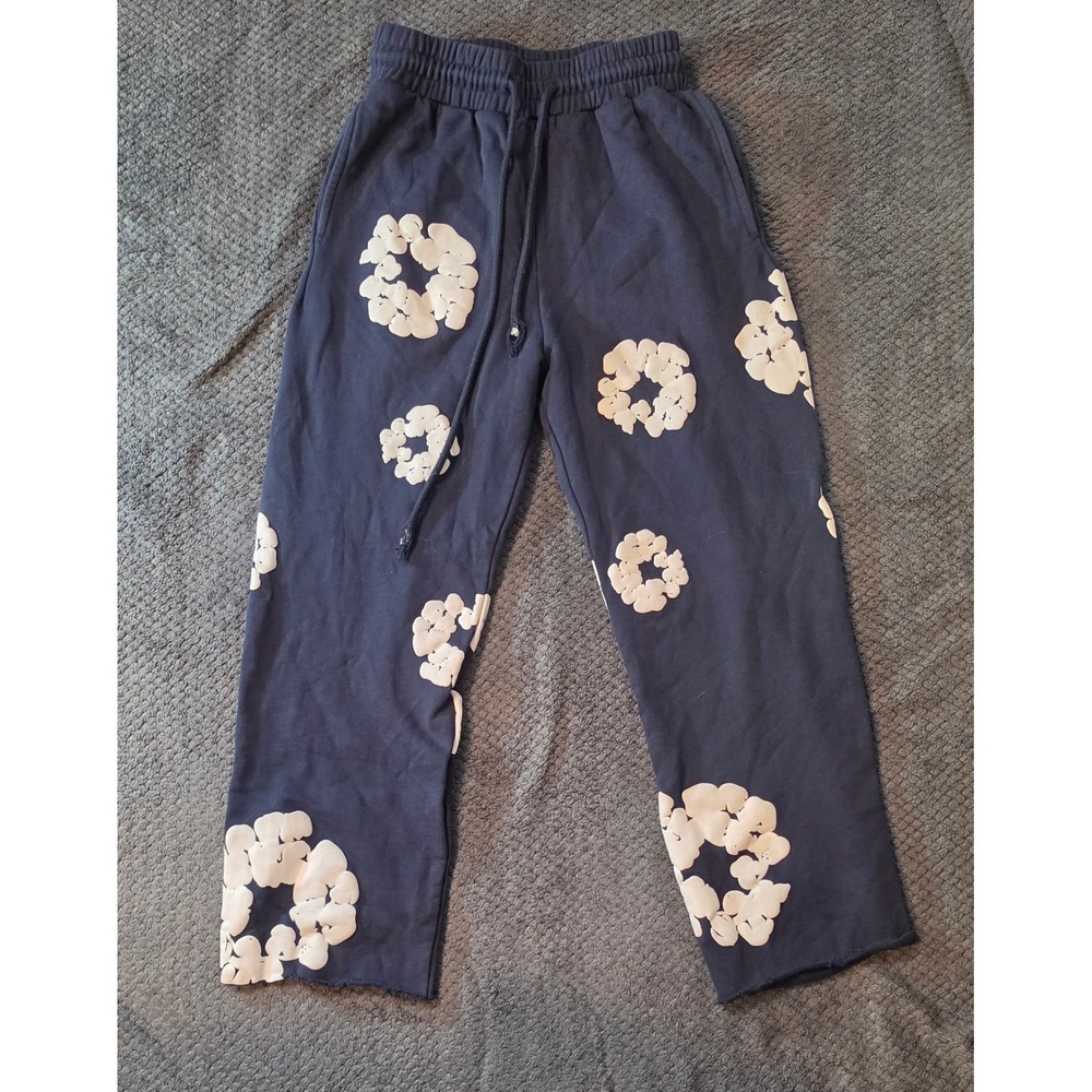 Denim Tears Cotton Wreath Sweatpants Navy Blue White Puff Print Mens Small